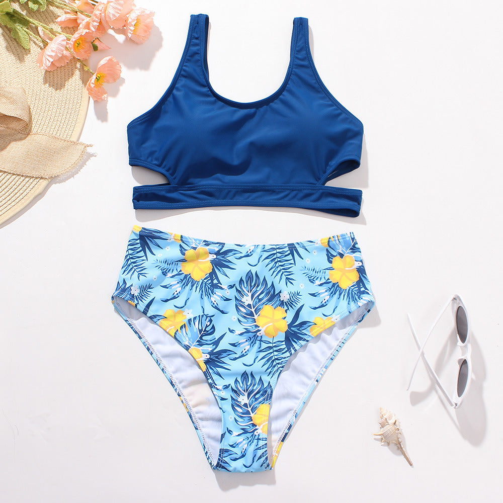 Professional Ladies High Waist Solid Color Printed Swimsuit - Polyester (S-L, Chest Pad, Blue/Red)