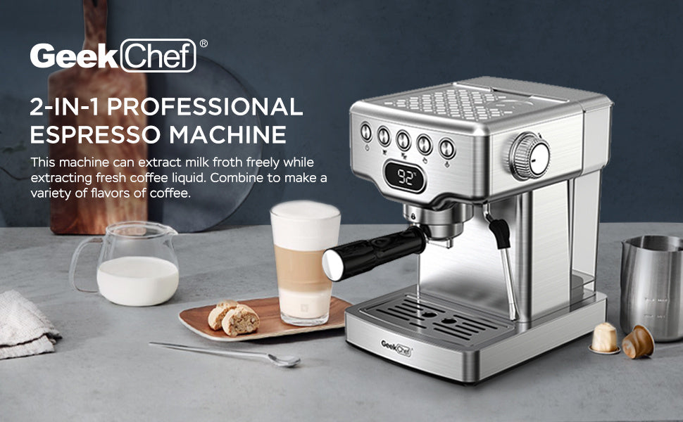 Geek Chef Espressomaskin, 20 bar espressomaskin med mjölkskummare för latte, cappuccino, macchiato, för hemmabruk, 1,8 liters vattentank, rostfritt stål, förbud mot Amazon