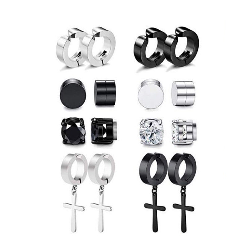 Boucle d'oreille à tige en acier titane avec aimant en zircon croix non percée pour hommes
