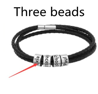Personligt flätat läderarmband i rostfritt stål med pärlor och namnberlocker för män med efternamn