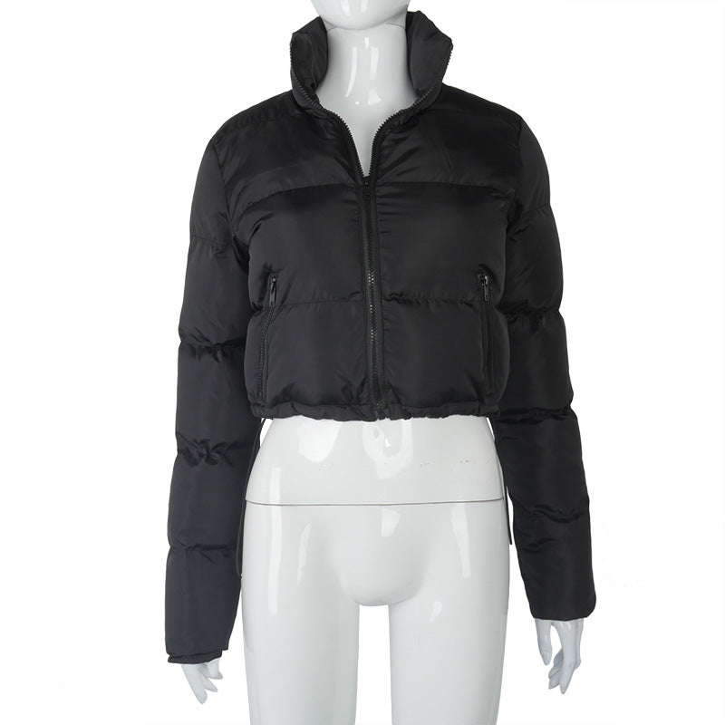 Mode manteau court hiver chaud à manches longues col montant fermeture éclair pain coton manteau avec cordon conception veste femme