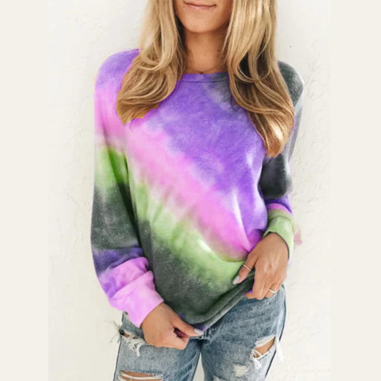 Fashion Tie Dye Rainbow Casual Lång ärm T-shirt för kvinnor