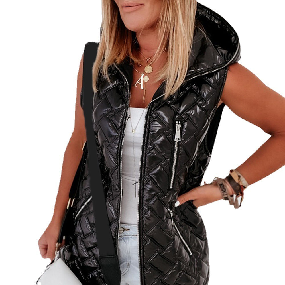 Women's Solid Color Hooded Sleeveless Pocket Zipper Vest - Cotton Polyester Lapel Ordinary Style