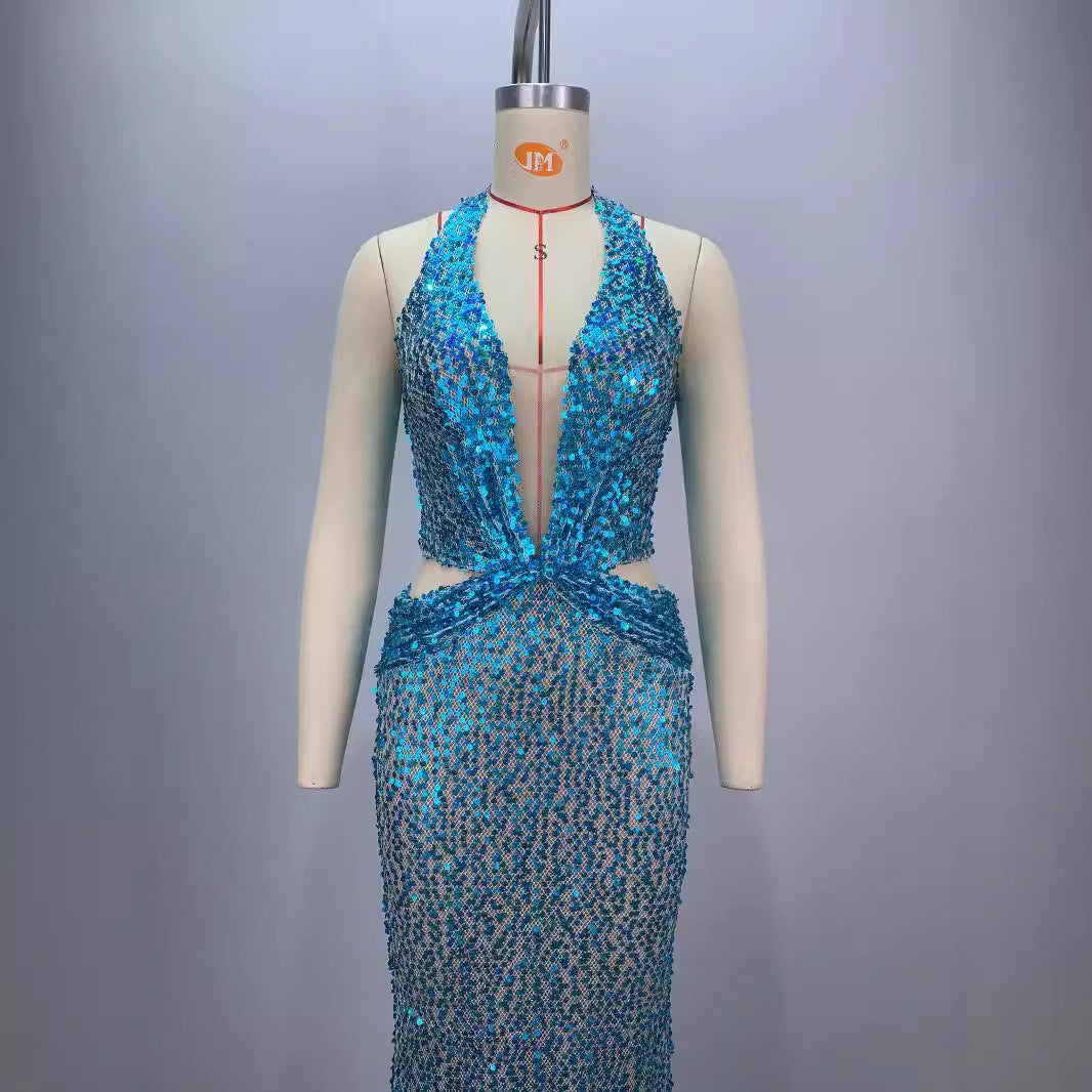 Halter Deep V-Neck Sequin Evening Dress - Sky Blue Hollow Mesh - Company Annual Meeting Host Dress