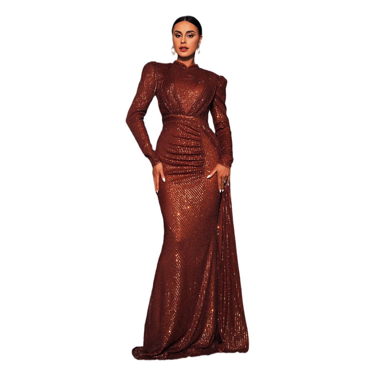 Long Sleeve Round Neck Sequined Banquet Dress - Hip Skirt Temperament Commute - Premium Polyester