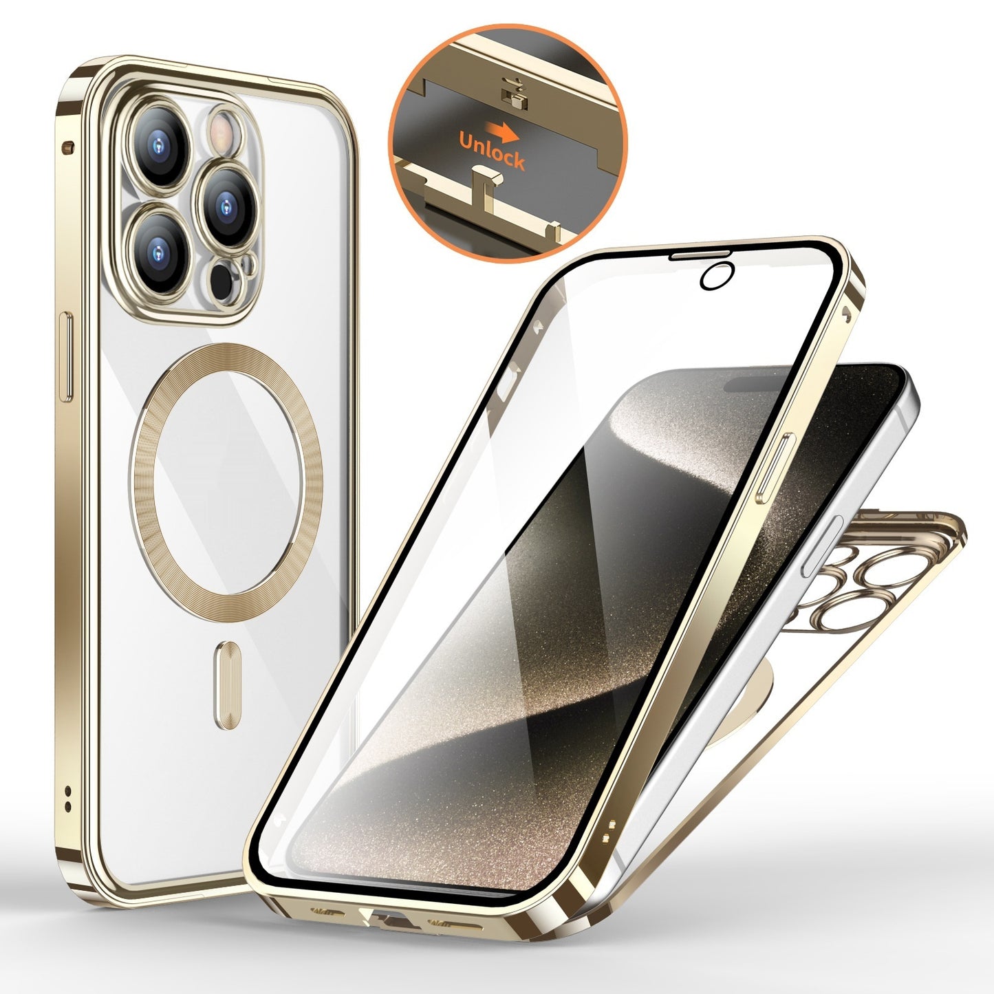 Anti-sekretess metallspänne magnetiskt stöd trådlös laddning dubbelsidig lins heltäckande telefonfodral skyddande fodral