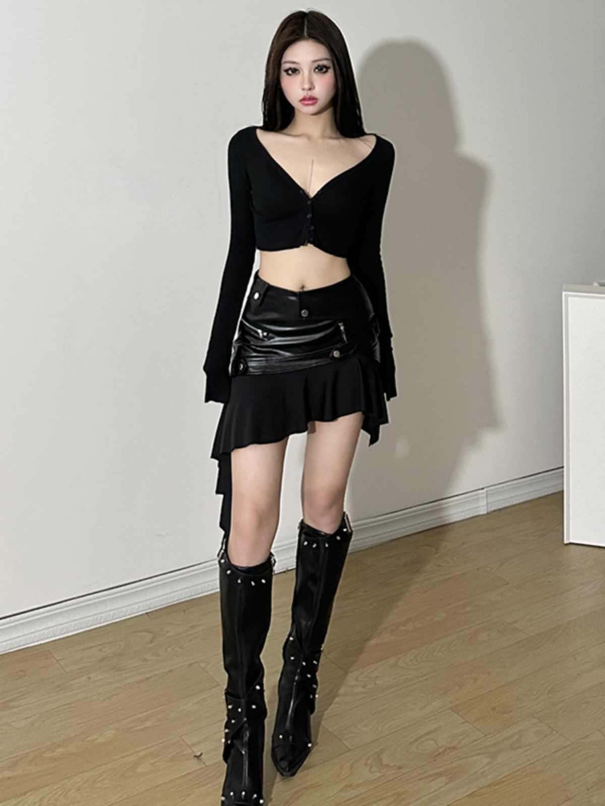 PU Leather Stitching Irregular Skirt Hip Skirt