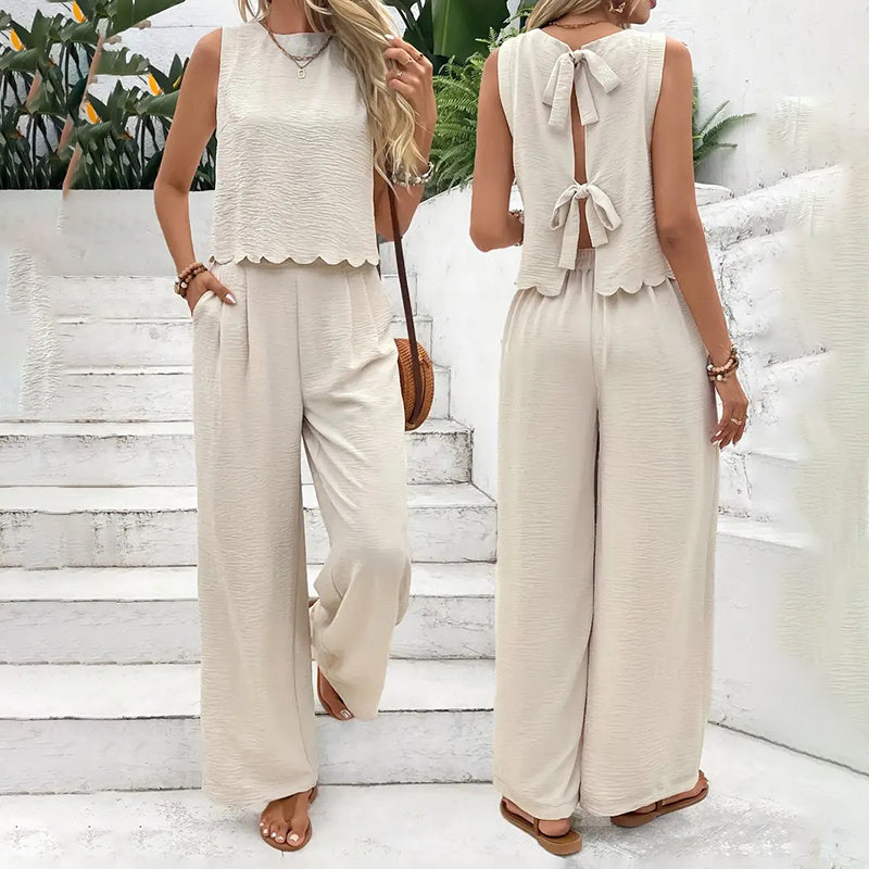 Elegant 2-delat matchande set för kvinnor, ärmlös crop top och vida byxor