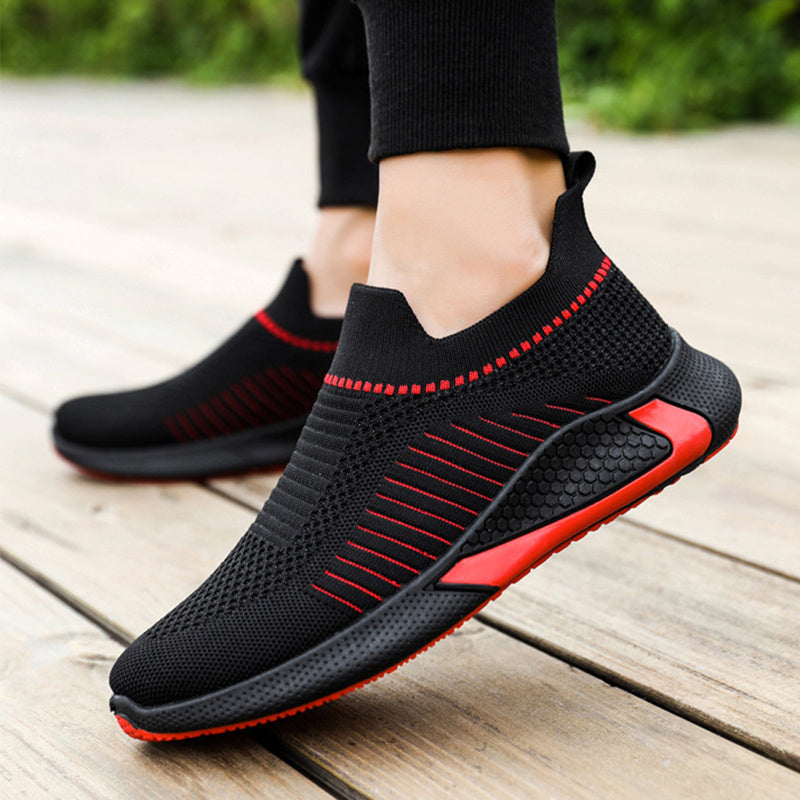 Moderiktiga nätskor med randig design för män, utomhus, andningsbara, slip-on-sneakers, ädelträ, lätta löparskor