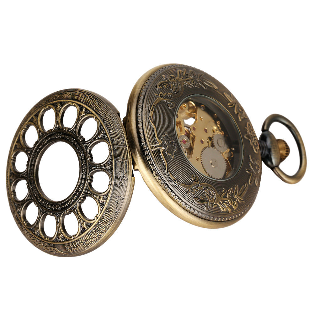 Hollow Pumpkin Ball Flip Mechanical Pocket Watch - Unique Intricate Elegant Durable Antique Blue Stainless Steel