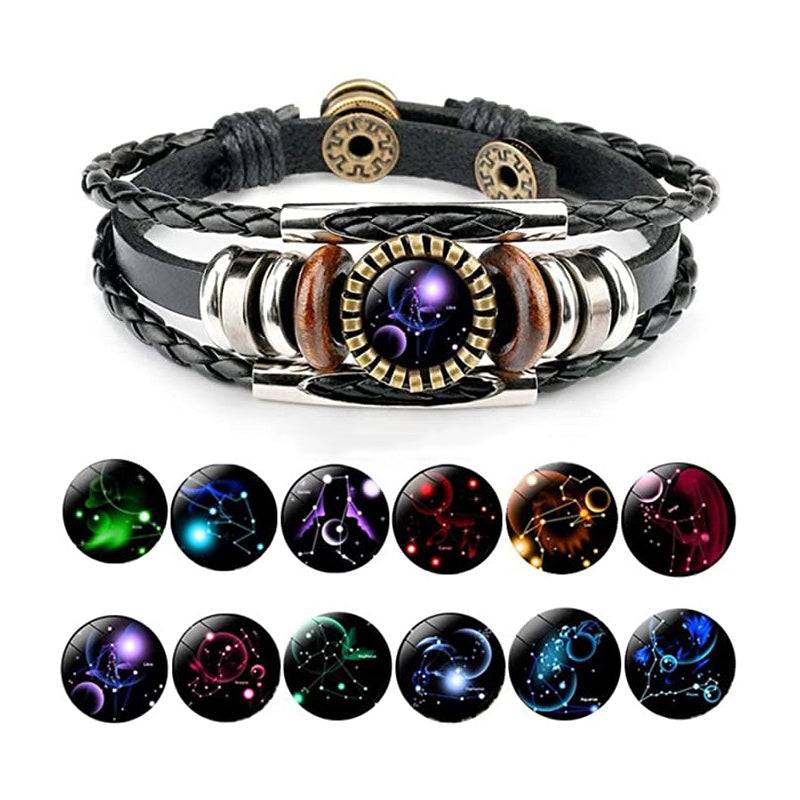 Stjärnteckenarmband för kvinnor och män, 12 stjärnbilder, pärlbesatta handvävda PU-läderarmband
