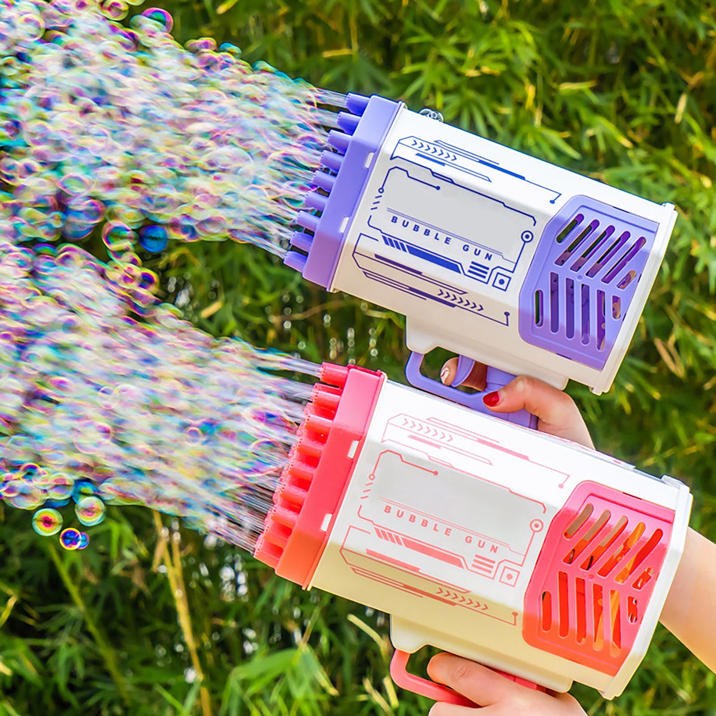 Bubble Gun Rocket 69 hål såpbubblor maskingevär form automatisk blåsare med lätta leksaker för barn Pomperos