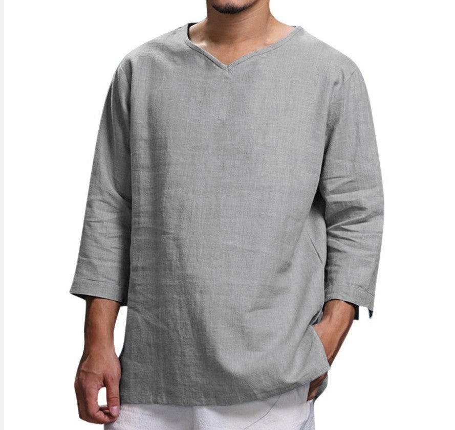 Lös, avslappnad topp med v-ringning, bomull och linne, långärmad pullover, herrkläder