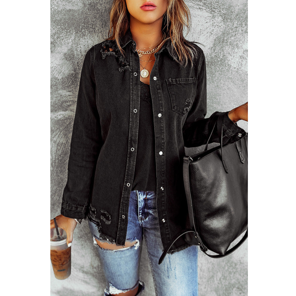 Black Ripped Shirt Denim Long Sleeve Coat Jacket Women - Trendy Comfortable High-Quality Flattering Stylish Edgy