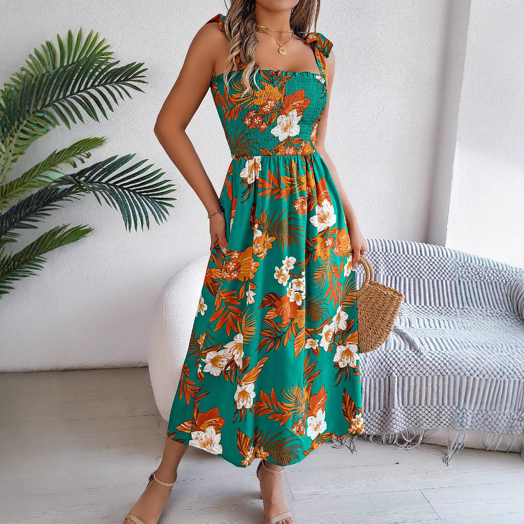 Floral Print Suspender Corset Dress - Instagram Fashion Holiday Beach Long Dress - Summer Women's Clothing - High Waist Sleeveless
