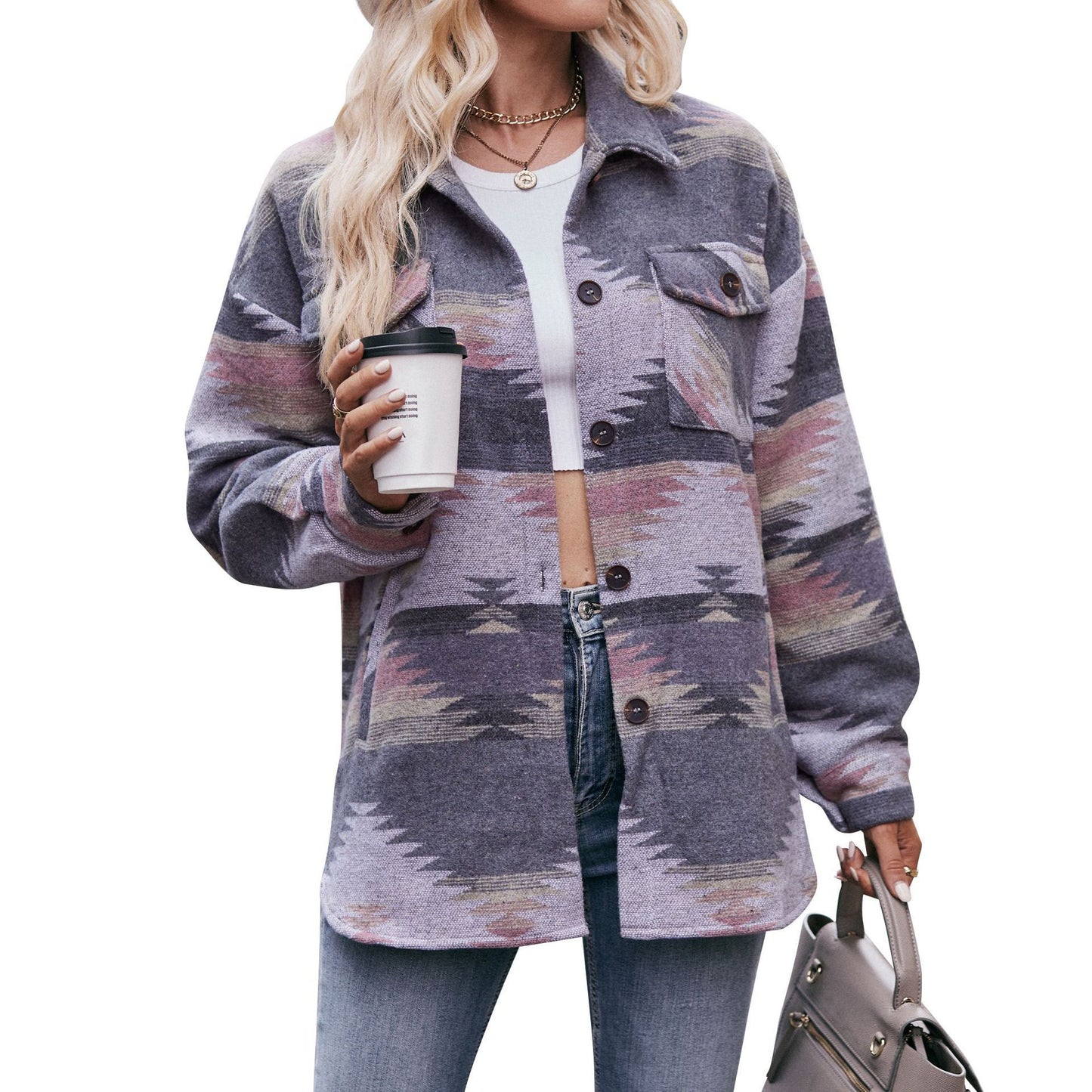 Geometric Print Jacket Shirt Winter Stand Collar Coats With Pockets Women's Outwear - Modern Versatile Flattering Practical