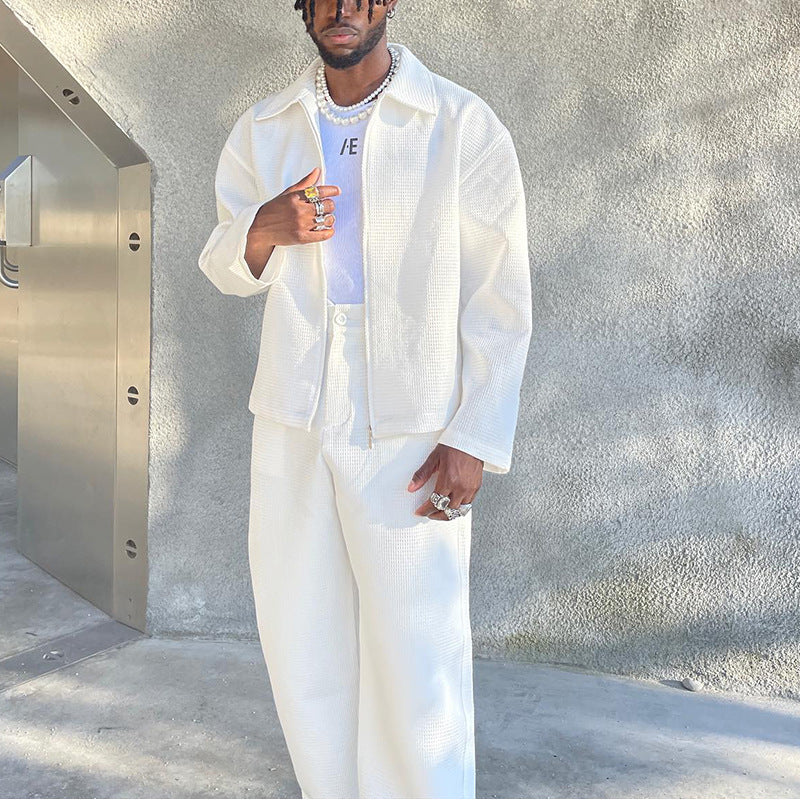 Veste de couleur unie pour hommes, pantalon décontracté, ensemble deux pièces