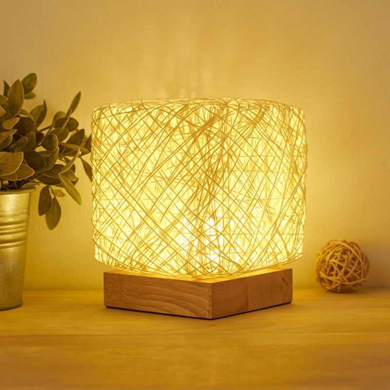 Hand-knit Dimmable Square LED Desk Lights Wood Rattan Twin USB Charging Table Lamp Girls Bedroom Gift Home Decor Night Lighting