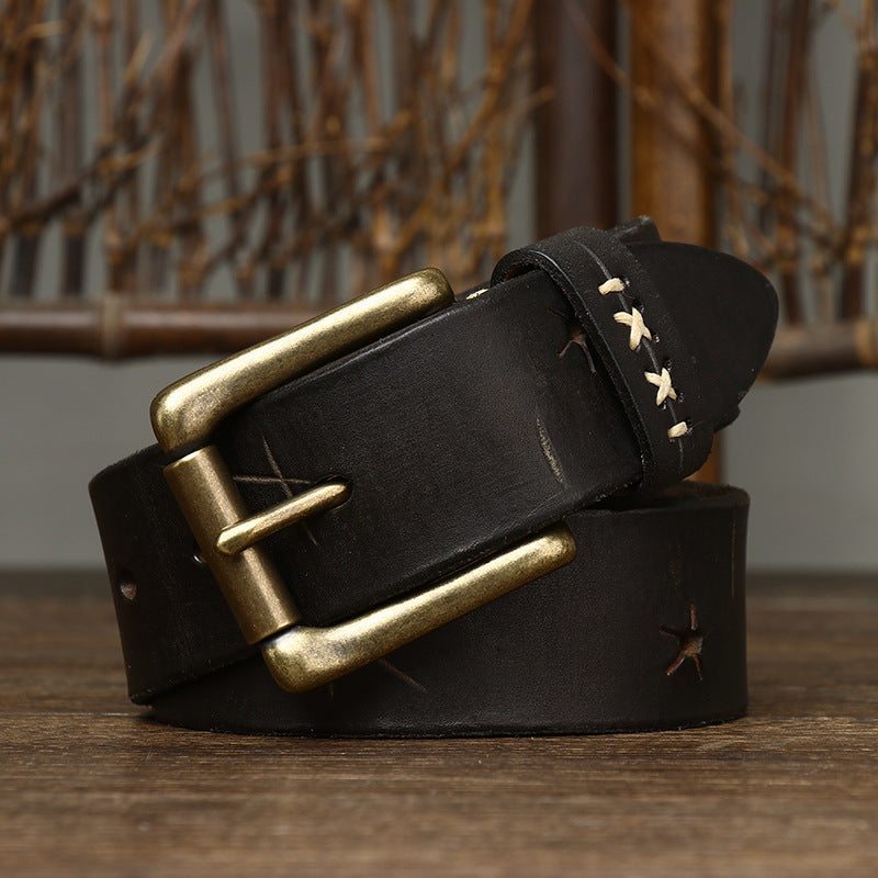 Men's Washed-Out Vintage First Layer Cow Leather Pin Buckle Jeans Belt - Authentic Character