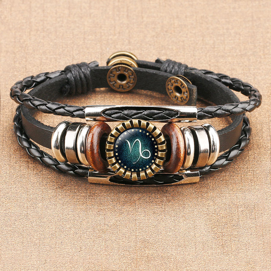 Flerskikts Läderarmband 12 Konstellationer Stjärntecken Herr Flätade Armband