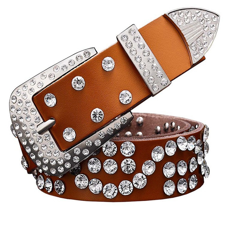 Women's Leather Diamond-Studded Cowhide Pin Buckle Belt - Elegant Glamour