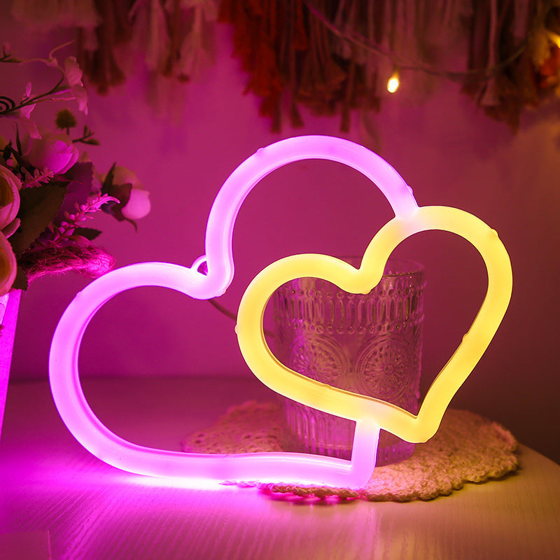 LED Néon USB Alimenté par Batterie Double Amour Chambre Décor Suspendu Maison Festive