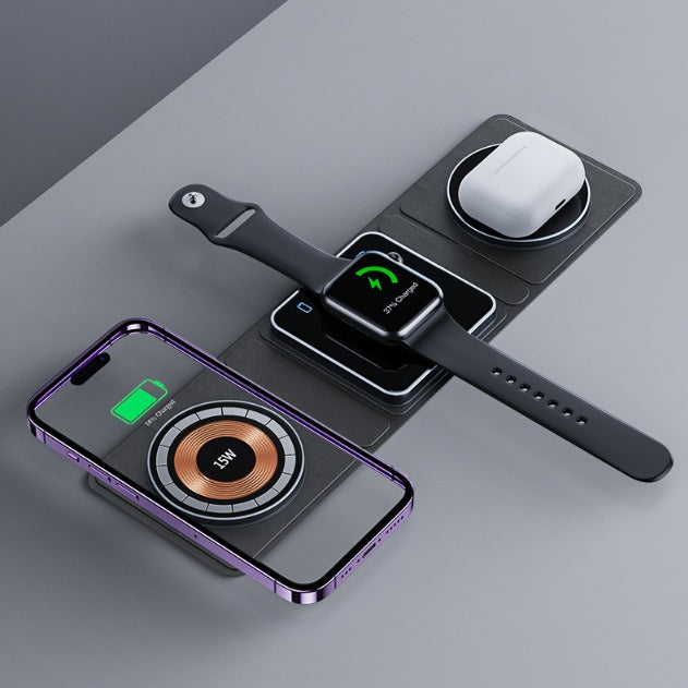 3 IN 1 Magnetic Folding Trådlös Laddningsstation För IPhone Transparent Snabbladdning För IWatch Och Airpods