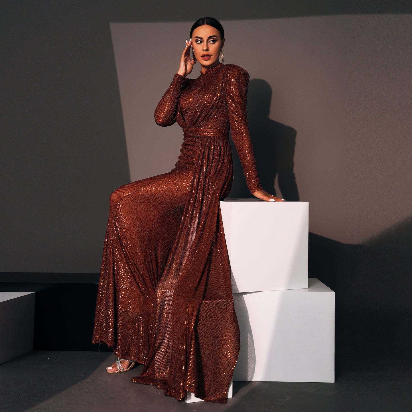 Long Sleeve Round Neck Sequined Banquet Dress - Hip Skirt Temperament Commute - Premium Polyester