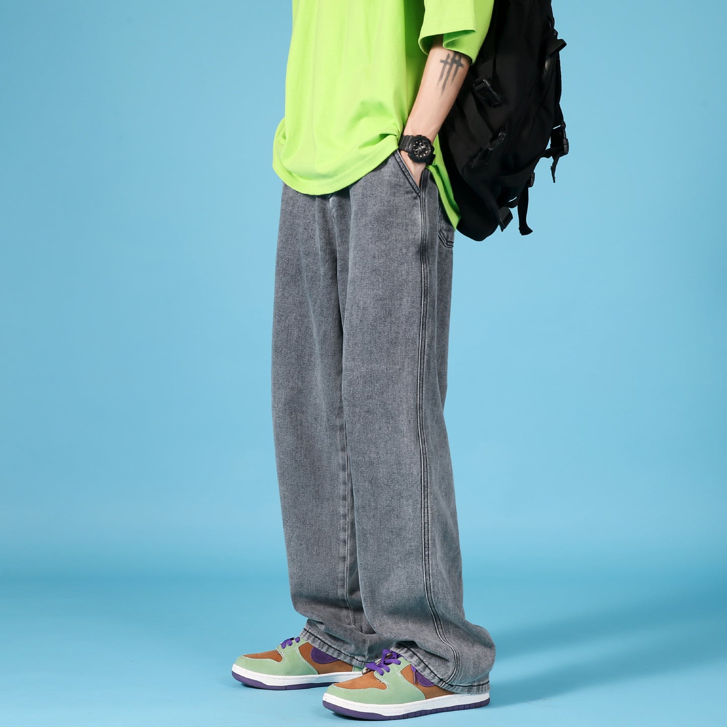 Raka Lösa Jeans Herr Fritidsbyxor Hip Hop Cargo Denim Byxor Med Dragkedja