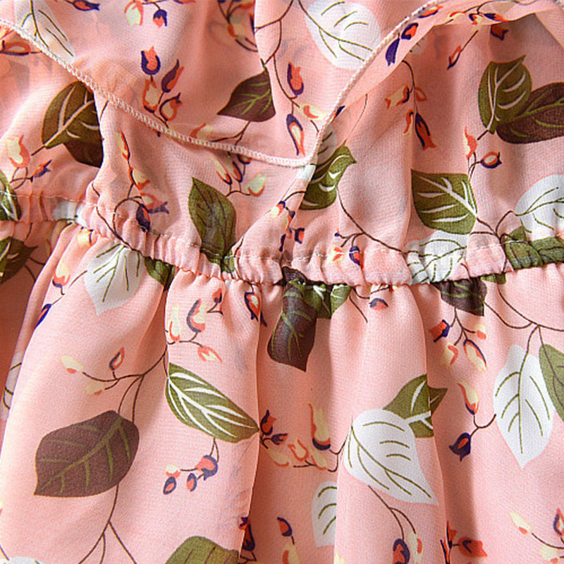Robe pour enfants filles feuille en mousseline de soie sans manches vacances bohème