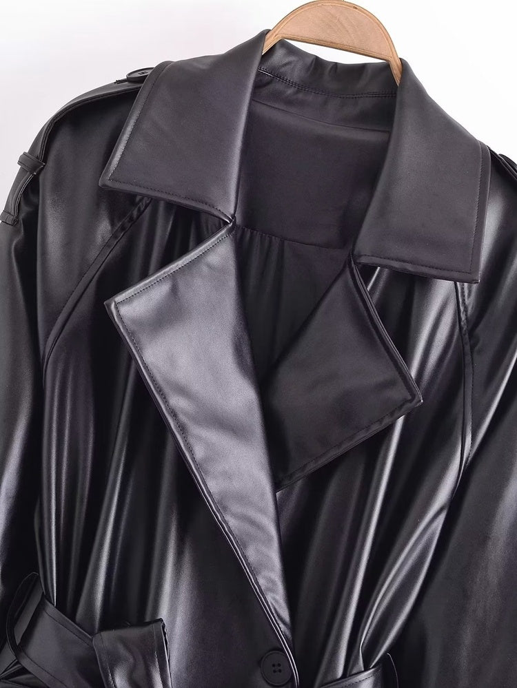 Women's Clothing Autumn Long Sleeve Slim Fit With Belt Imitation Leather Trench Coat