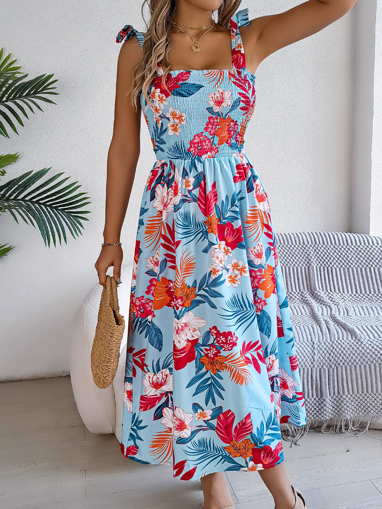 Floral Print Suspender Corset Dress - Instagram Fashion Holiday Beach Long Dress - Summer Women's Clothing - High Waist Sleeveless