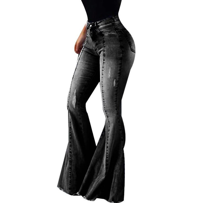 Elastisk hög midja Ripped Denim Bell-bottom byxor kvinnor