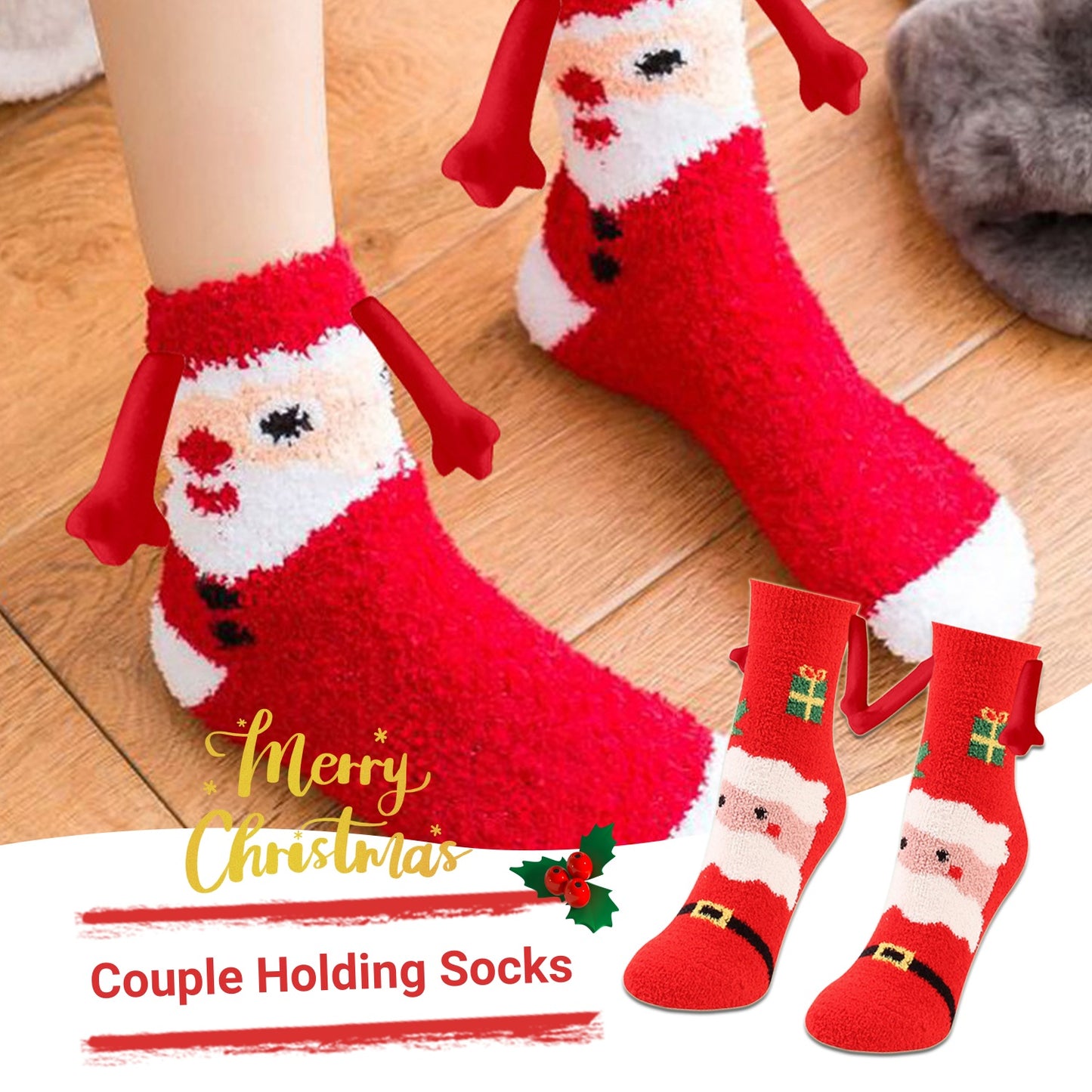 Jultillbehör Magnetsug Hand i Hand Parstrumpor Coral Fleece Tube Strumpor Varm Slipper Sängstrumpor Vinter Mjuk Varm Slipper