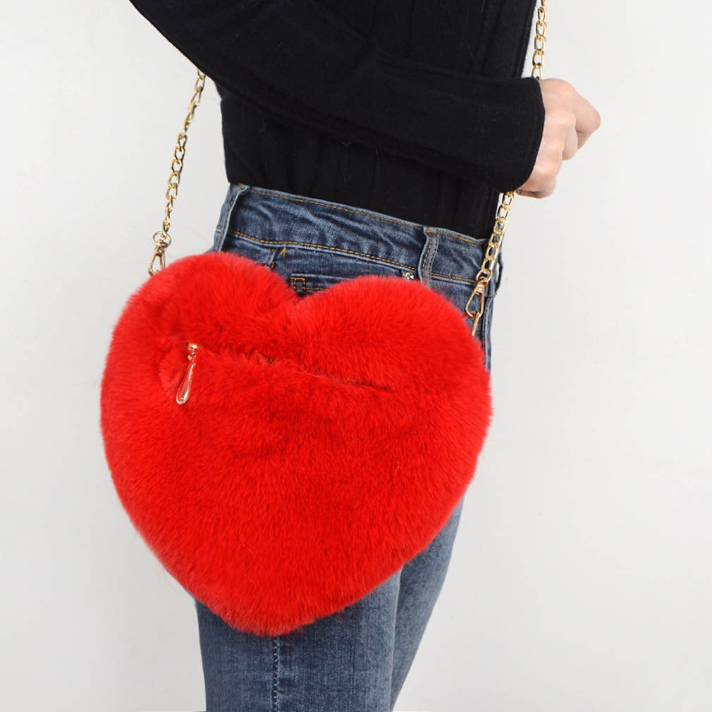Heart-Shaped Plush Evening Bag - Romantic Chain Shoulder Bag for Special Occasions