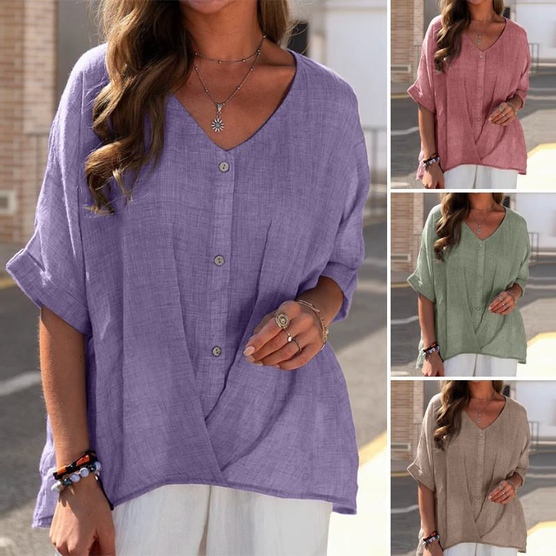 Elegant Women's Cotton Linen V-Neck Pullover - Short Sleeve Casual Top