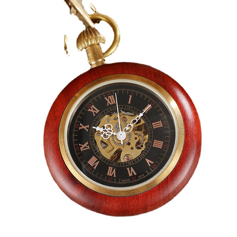 Red Copper Wood Roman Scale Retro Mechanical Pocket Watch - Modern Classic Elegant Timeless Sophisticated Precision Must-Have