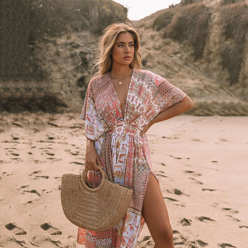 Robe bohème imprimée à fleurs pour femmes, vêtements de plage irréguliers