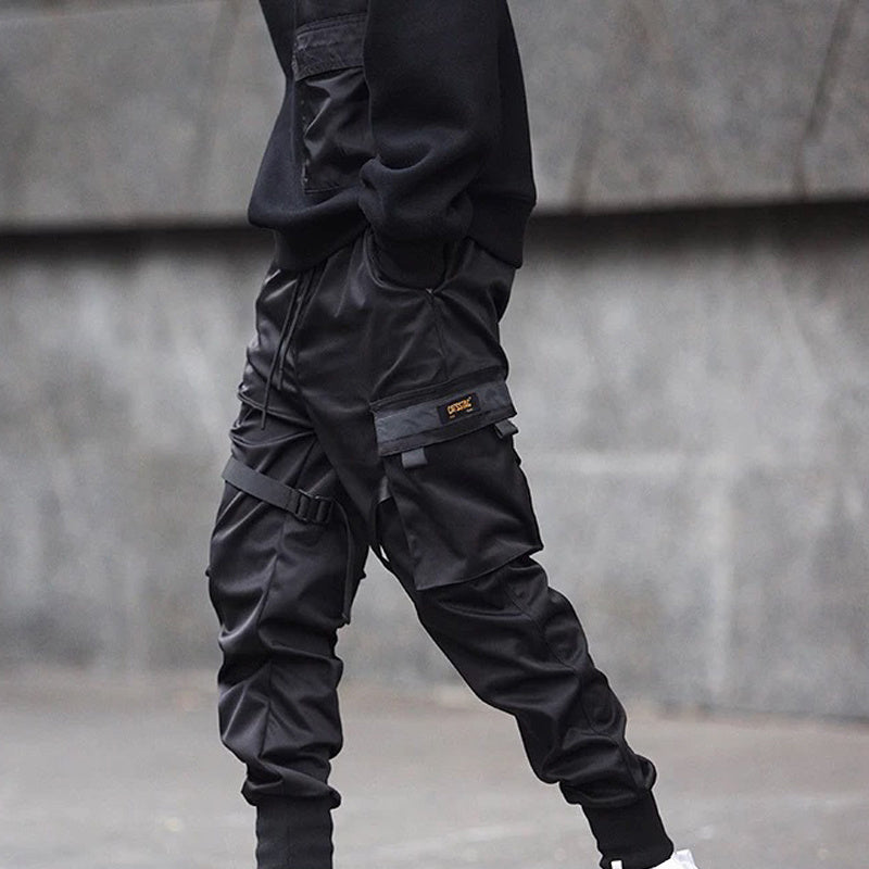 Offre spéciale hommes noir Hip Hop Cargo pantalon taille élastique survêtement pantalon de survêtement poches pleine longueur décontracté mode