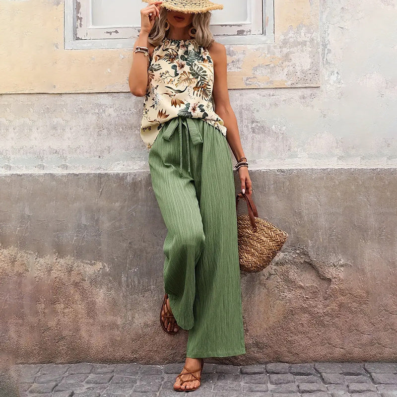 Damkläder med två delar, sommar, casual, ärmlös, halterneck, crop tops, vida ben, set med byxor