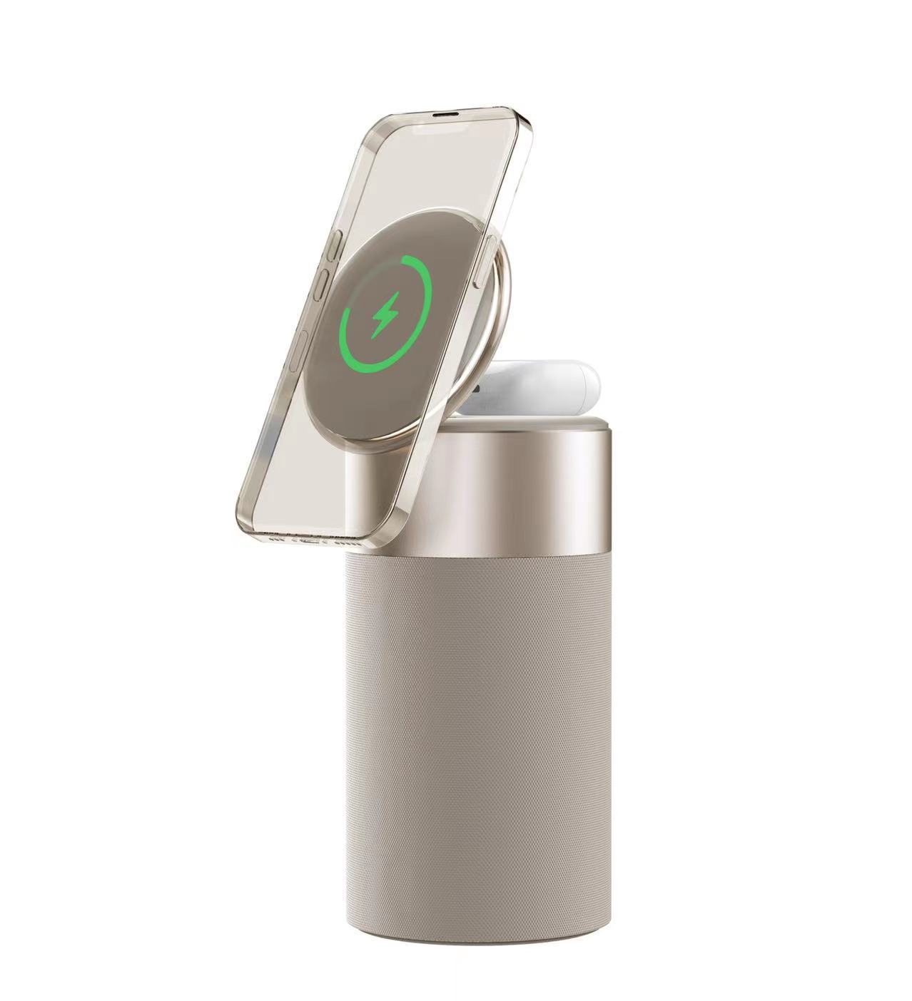 3-i-1 multifunktionell iPhone och AirPods trådlös laddare bärbar Bluetooth-högtalare med pekskärm för hem och kontor