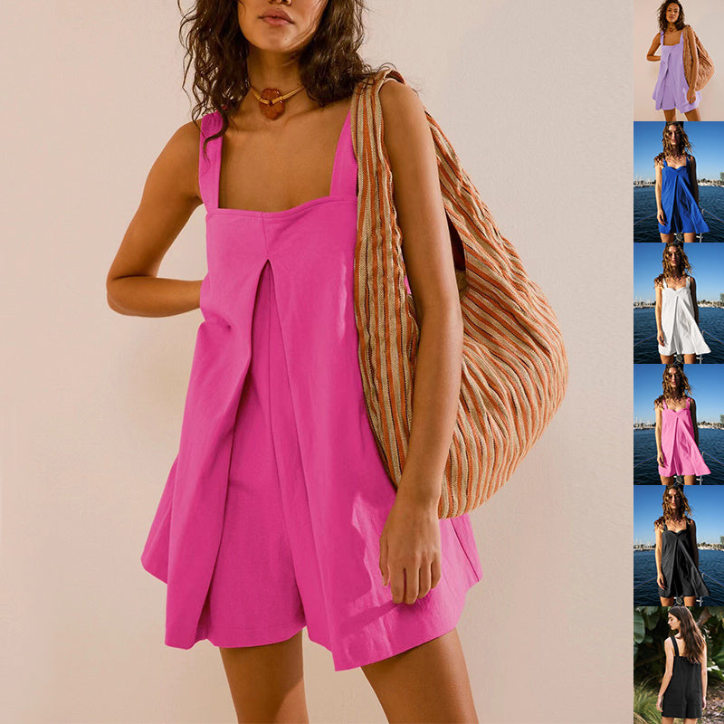 Professional Solid Color Square Collar Jumpsuit - Polyester Lazy Wind (Sleeveless, Collage Technics, Sweet Suspender)