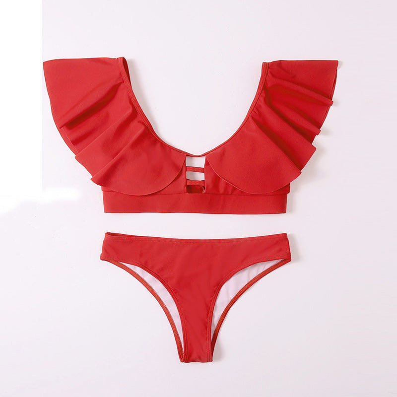 Ruffle Solid Tie Bikini Split Dambadkläder