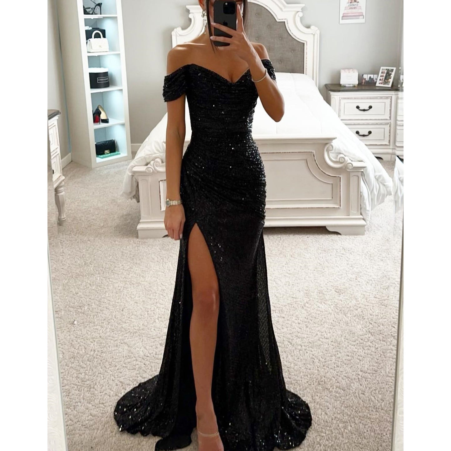 Robe fendue à paillettes, col rond, tenue de soirée décontractée, à la mode, pour femmes