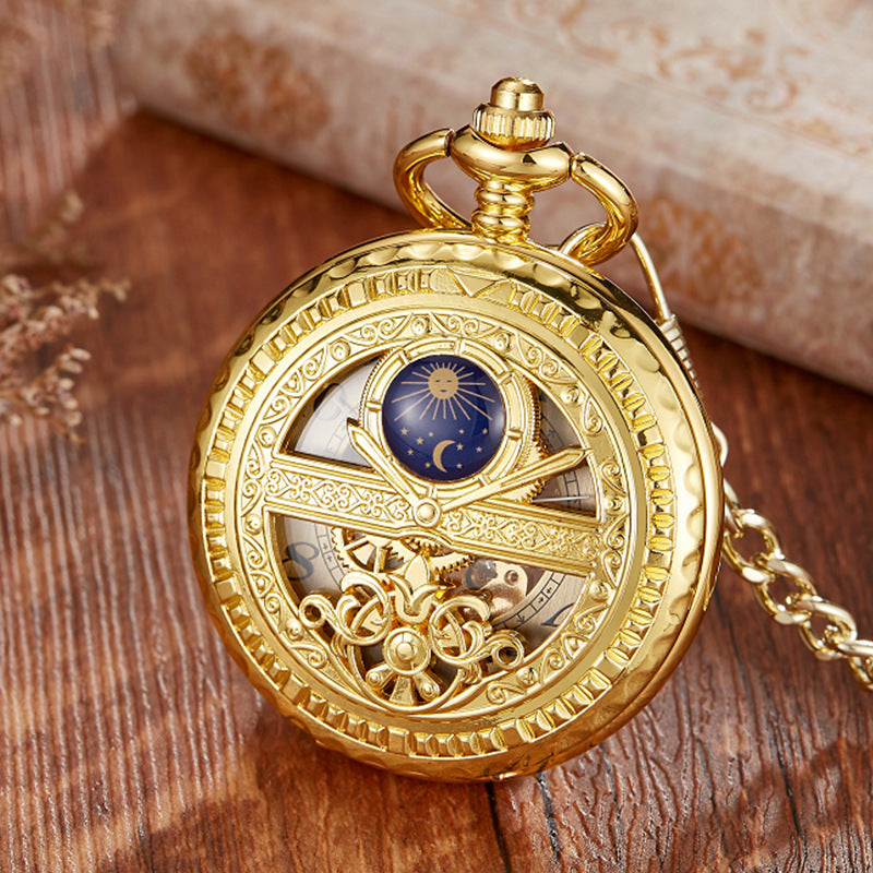 Golden Retro Hollow Pointer Night Sky Semi-Automatic Mechanical Pocket Watch - Celestial Elegant Timeless Exquisite
