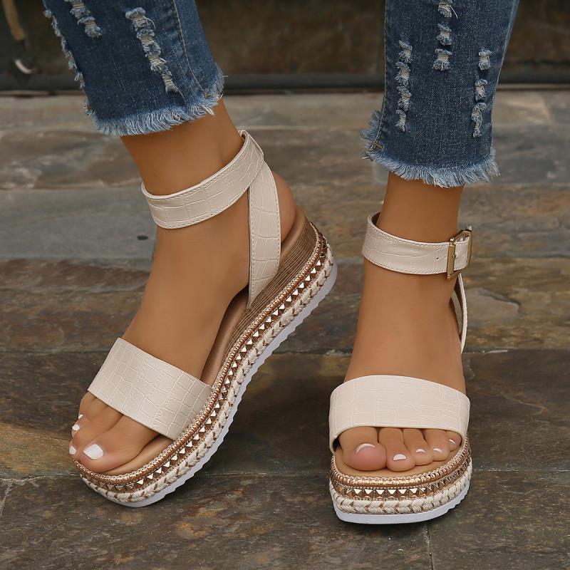 Sommar Sandaler Spänne Rem Hampa Kilar Plattform Peep Toe Skor Dam