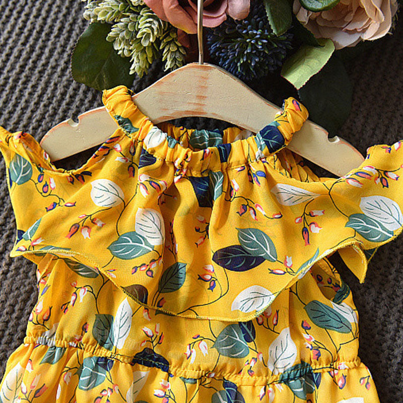 Robe pour enfants filles feuille en mousseline de soie sans manches vacances bohème