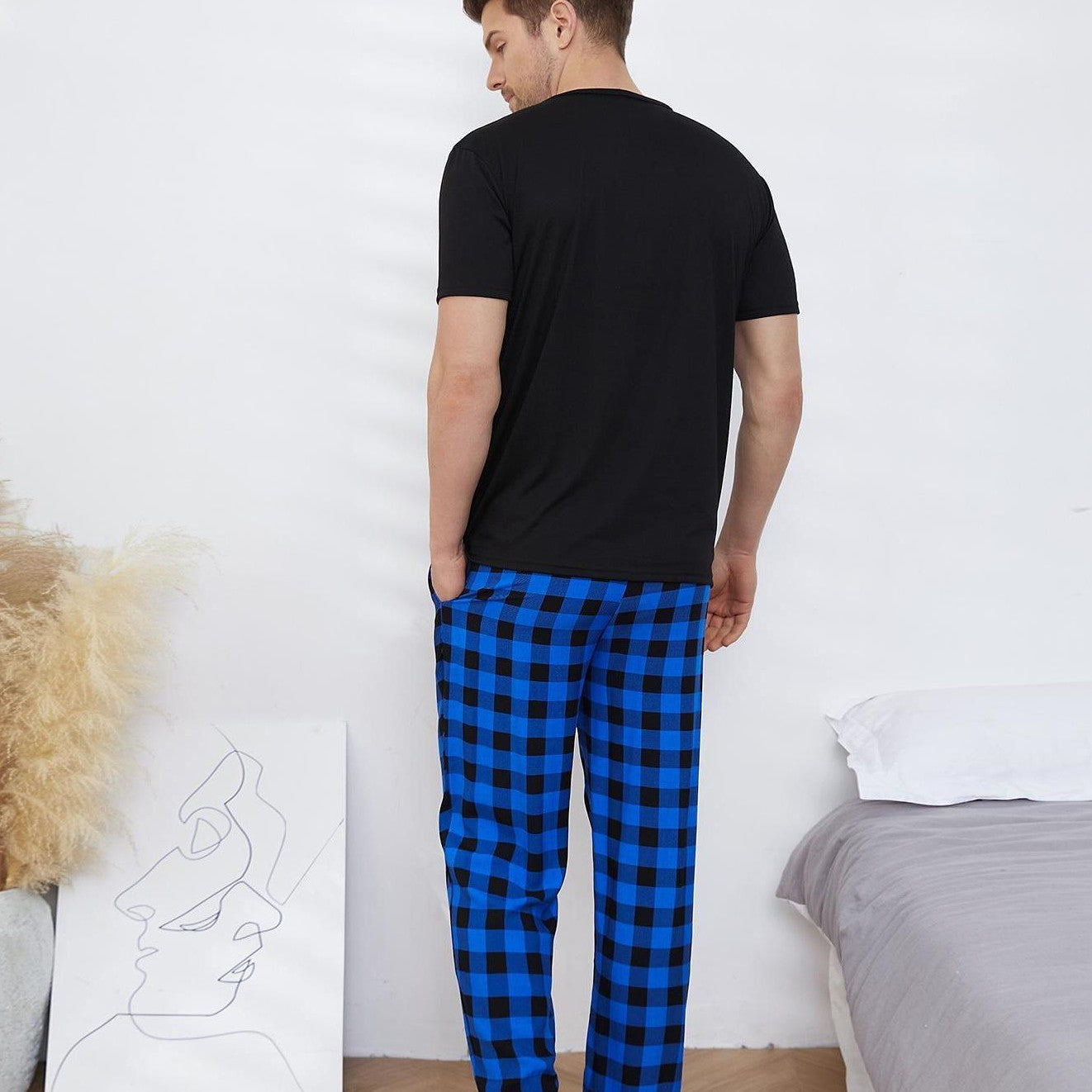 Herrpyjamasset med kortärmade långbyxor, hemkläder