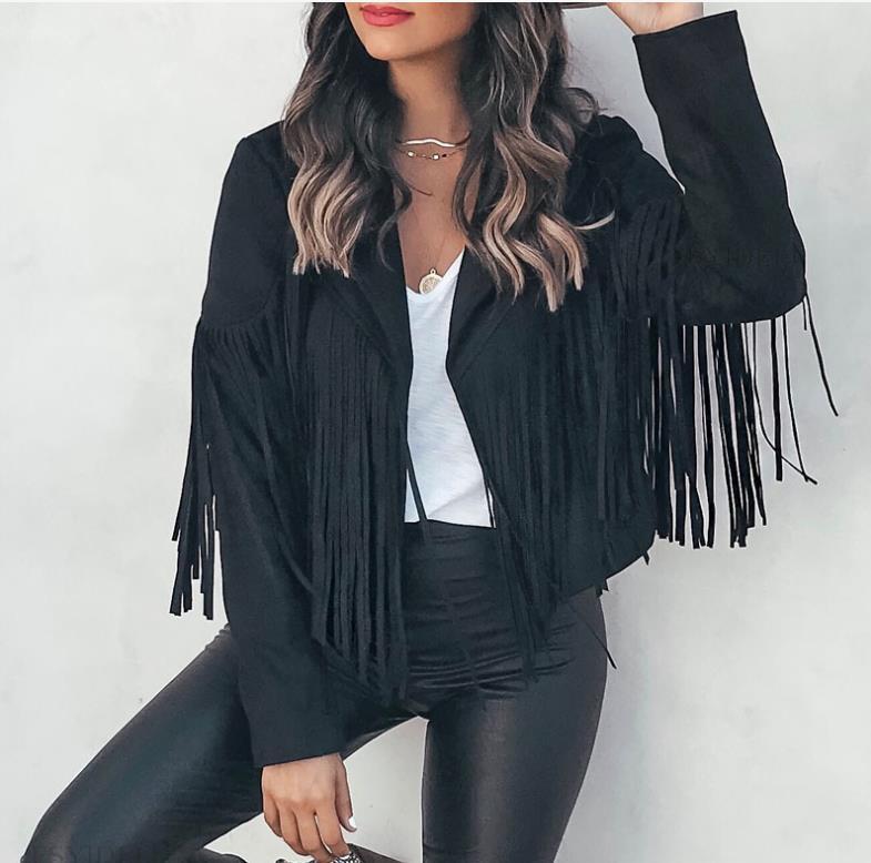 Veste à franges en cuir simili daim pour femme Moto Biker manteau court ouvert sur le devant avec pompon