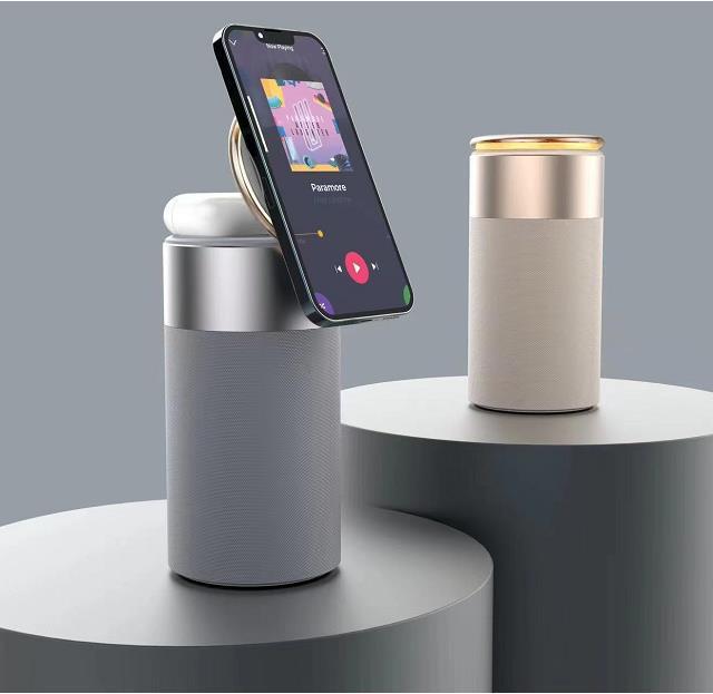 3-i-1 multifunktionell iPhone och AirPods trådlös laddare bärbar Bluetooth-högtalare med pekskärm för hem och kontor